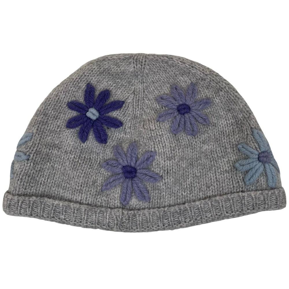 L.L. Bean Shetland Wool Flower Beanie Women Gray Purple Embroidered Fleece Lined